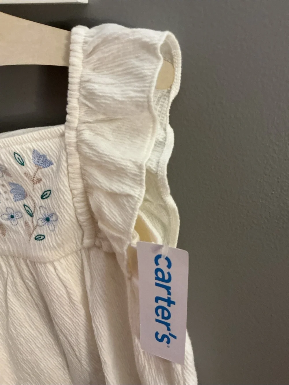 Carter's Cream Tank Top body suit with Blue Floral Embroidery. NWT